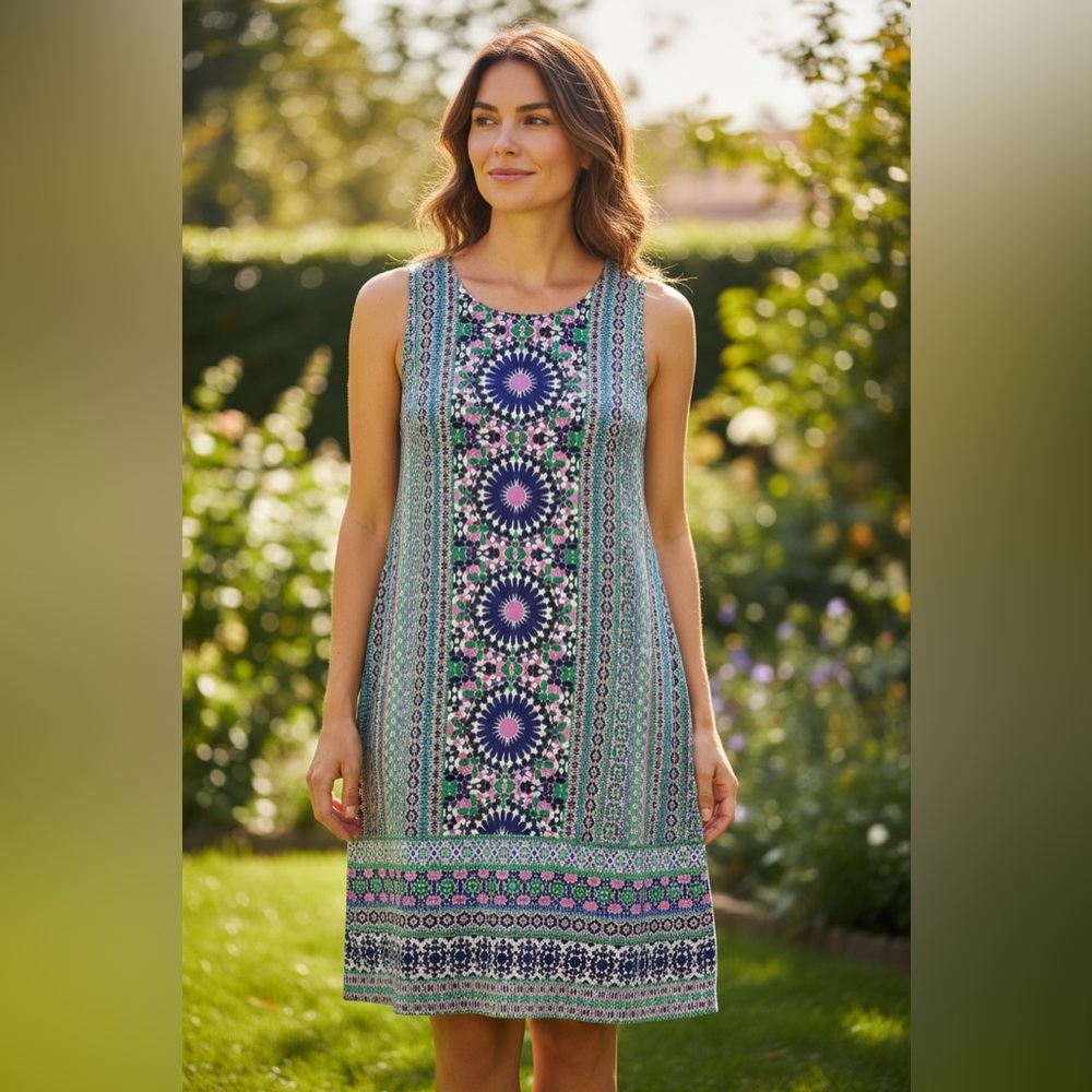 London Times Sleeveless Geometric Printed Shift Dress Size 12 Vintage Inspired